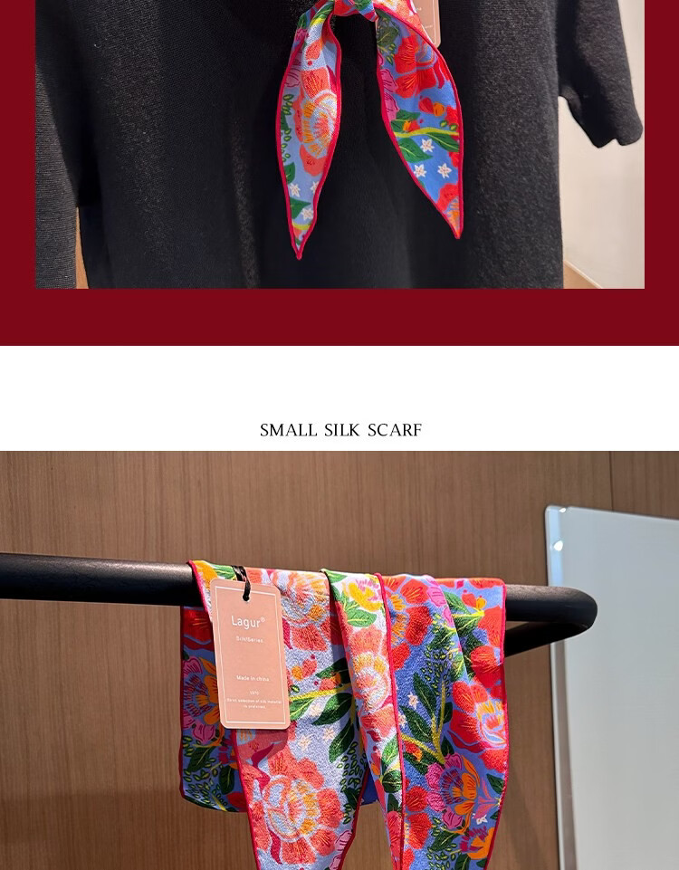 Lagur Rich Eternal 100% Mulberry Silk Original Illustration Scarf Triangle Silk Neck Scarf Gift for Mom Camellia Red 18