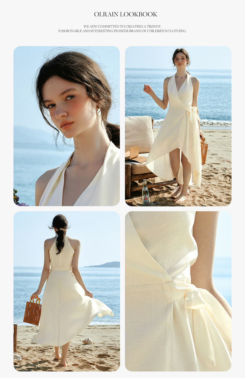 Olrain French Style Halter V-Neck Adjustable Waist Tie Mid-Length Dress for Women Summer Apricot M 6