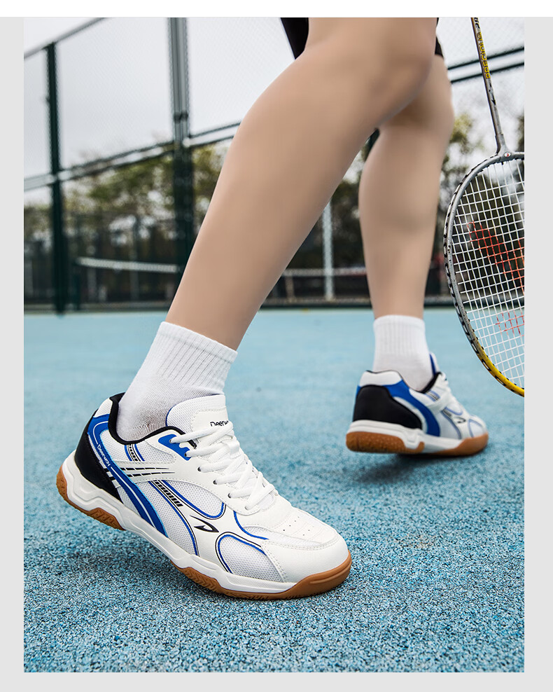 DEERWAY Unisex Badminton Shoes Professional Training Shock Absorption Durable Rubber Soft Sole Sports Shoes White Blue 43 4