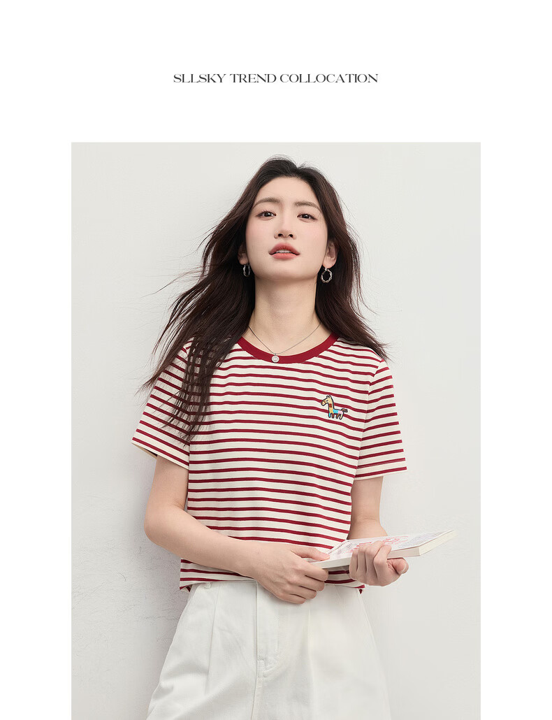 Sllsky Nautical Stripe Short Sleeve T-Shirt Women Summer 2026 New Casual Fashion Colorblock Crew Neck Shoulder Top 18
