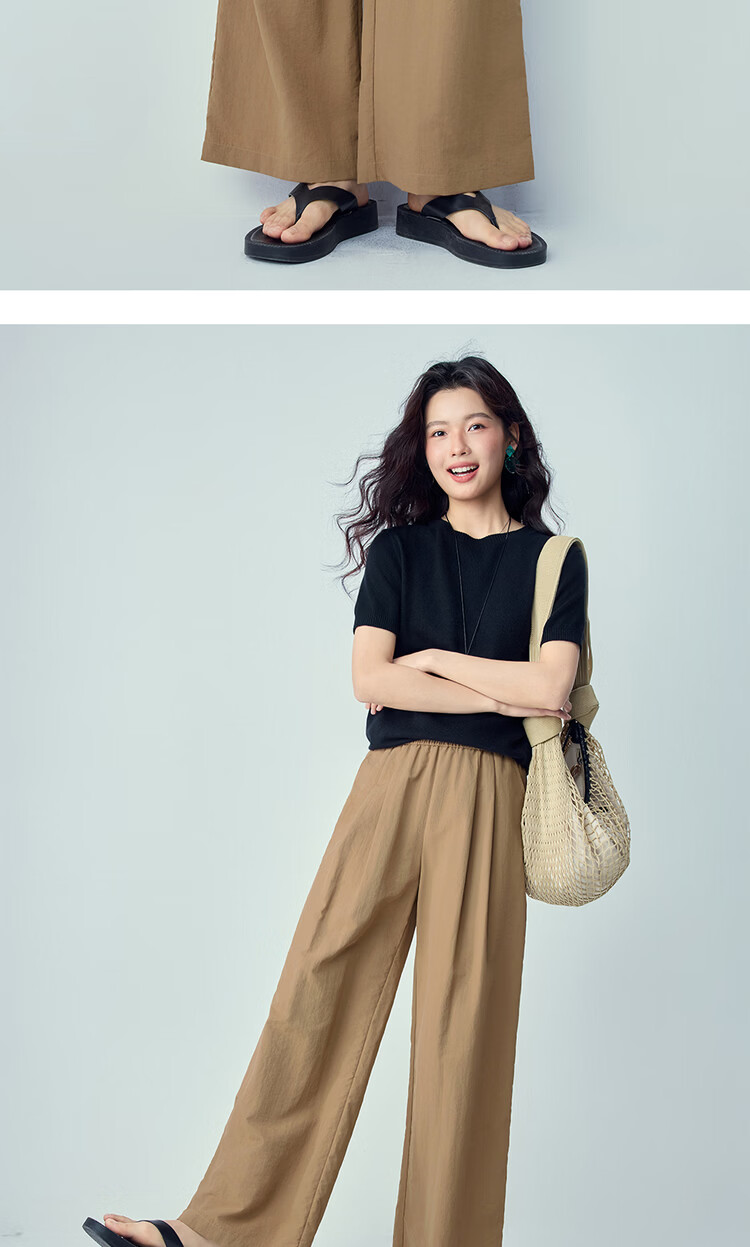 Giordano Women's New Black Technology Cooling Pleated Elastic Waist Wide-Leg Casual Pants 05416325 15
