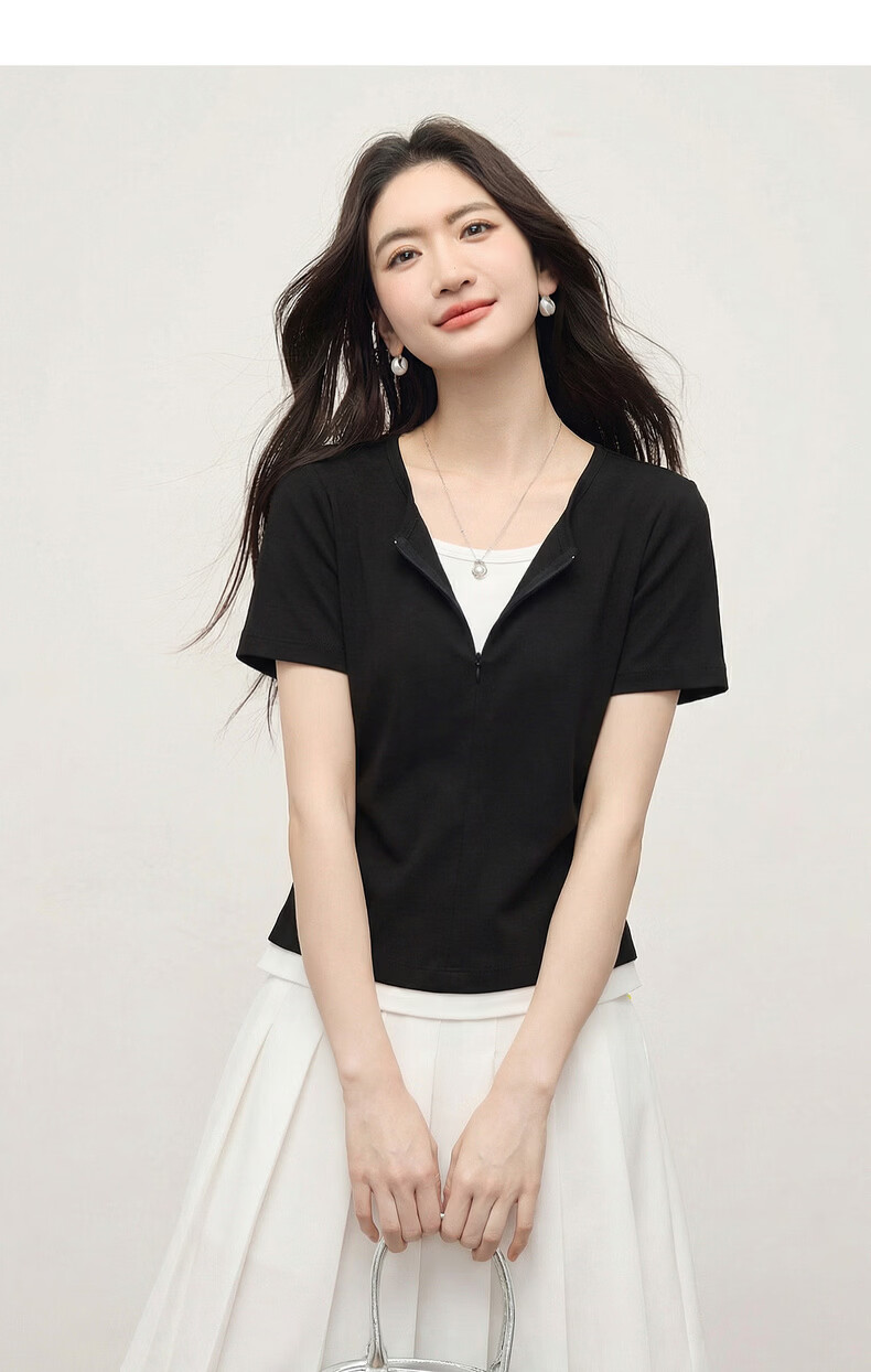 Sllsky Women's Summer 2026 New Slim Fit Shoulder Pleated Waist Short Sleeve Two-Piece Style T-Shirt 20