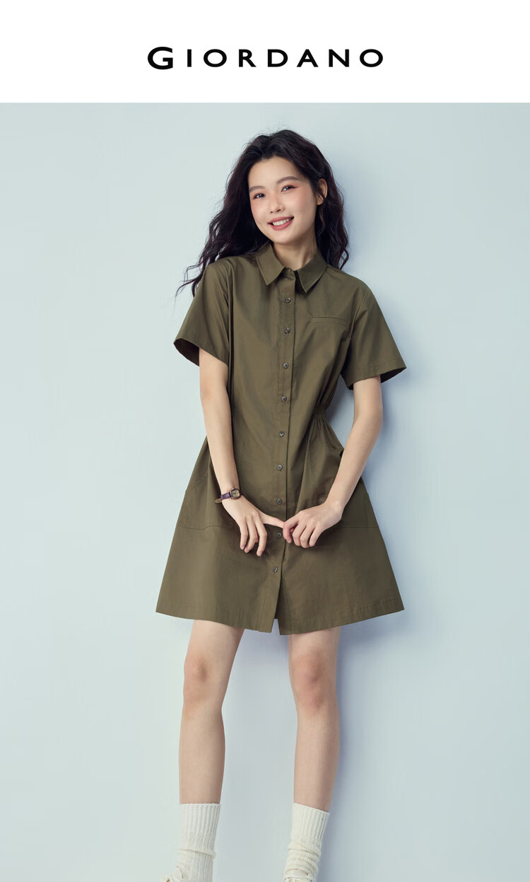 Giordano Women's New Pure Cotton Commuter Shirt Dress Pleated Waist Tucked Lapel Short Sleeve Dress 05466341 3