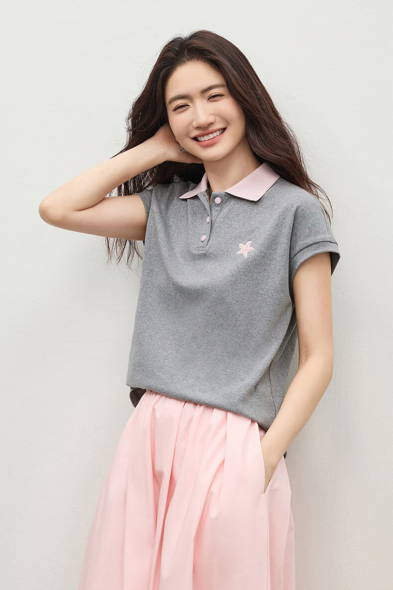 Shangdu Bila Korean Style Colorblock Cotton Polo Collar T-Shirt Women Summer Three-Button Knit Top Loose Slimming Youthful Layering 14