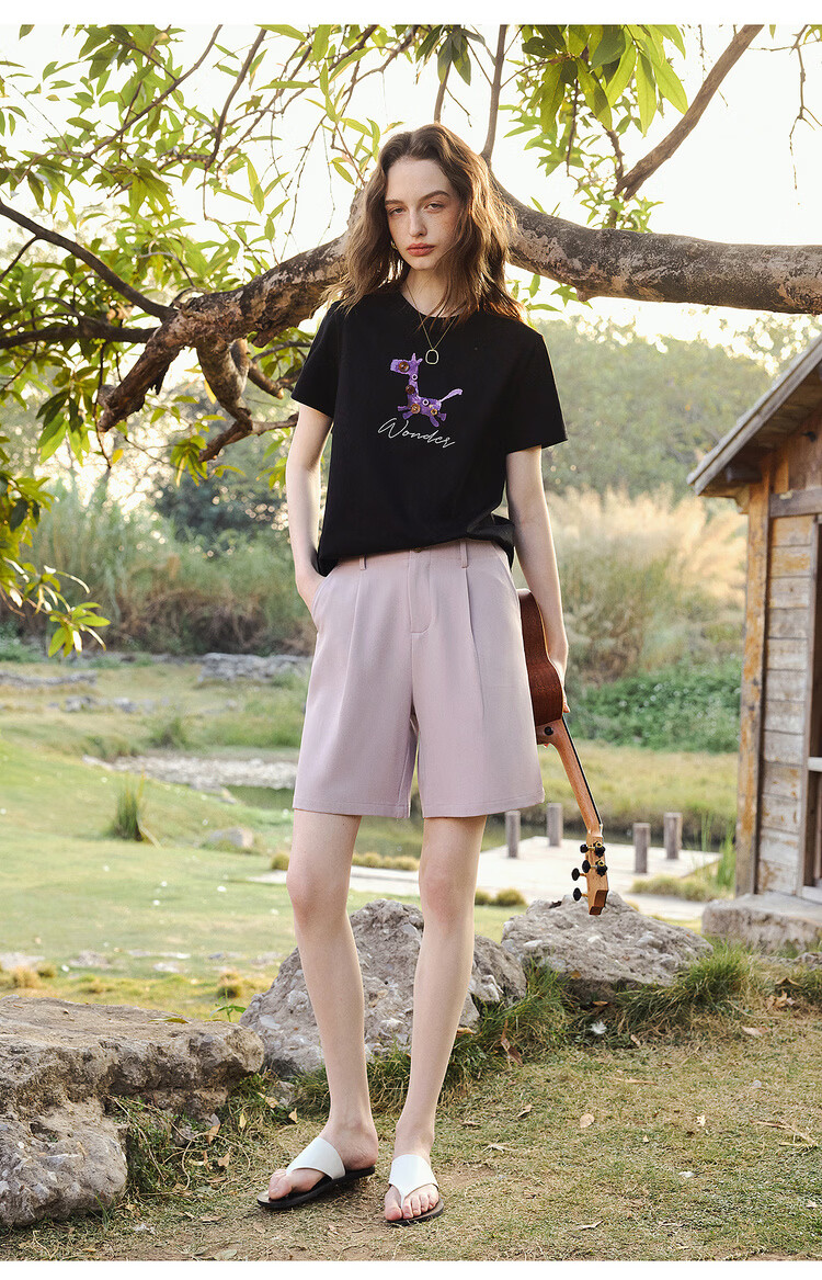 Olrain Women's Casual Commuter Cotton Short Sleeve T-Shirt with Pony Print Summer New Round Neck Top Black L 22
