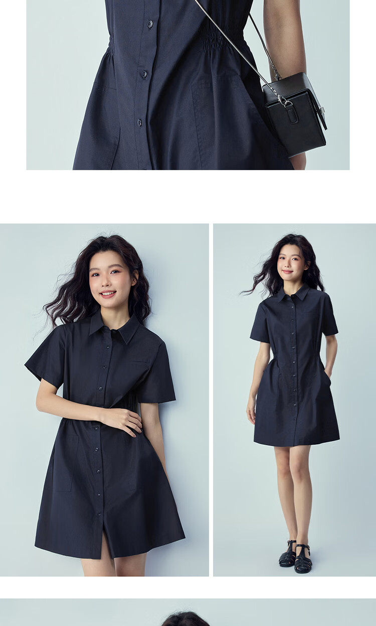 Giordano Women's New Pure Cotton Commuter Shirt Dress Pleated Waist Tucked Lapel Short Sleeve Dress 05466341 16