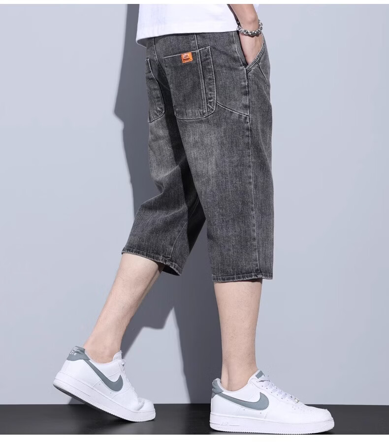 ROMON Men's Denim Shorts Summer Thin 7/8 Length Loose Straight-Leg Casual Pants 13