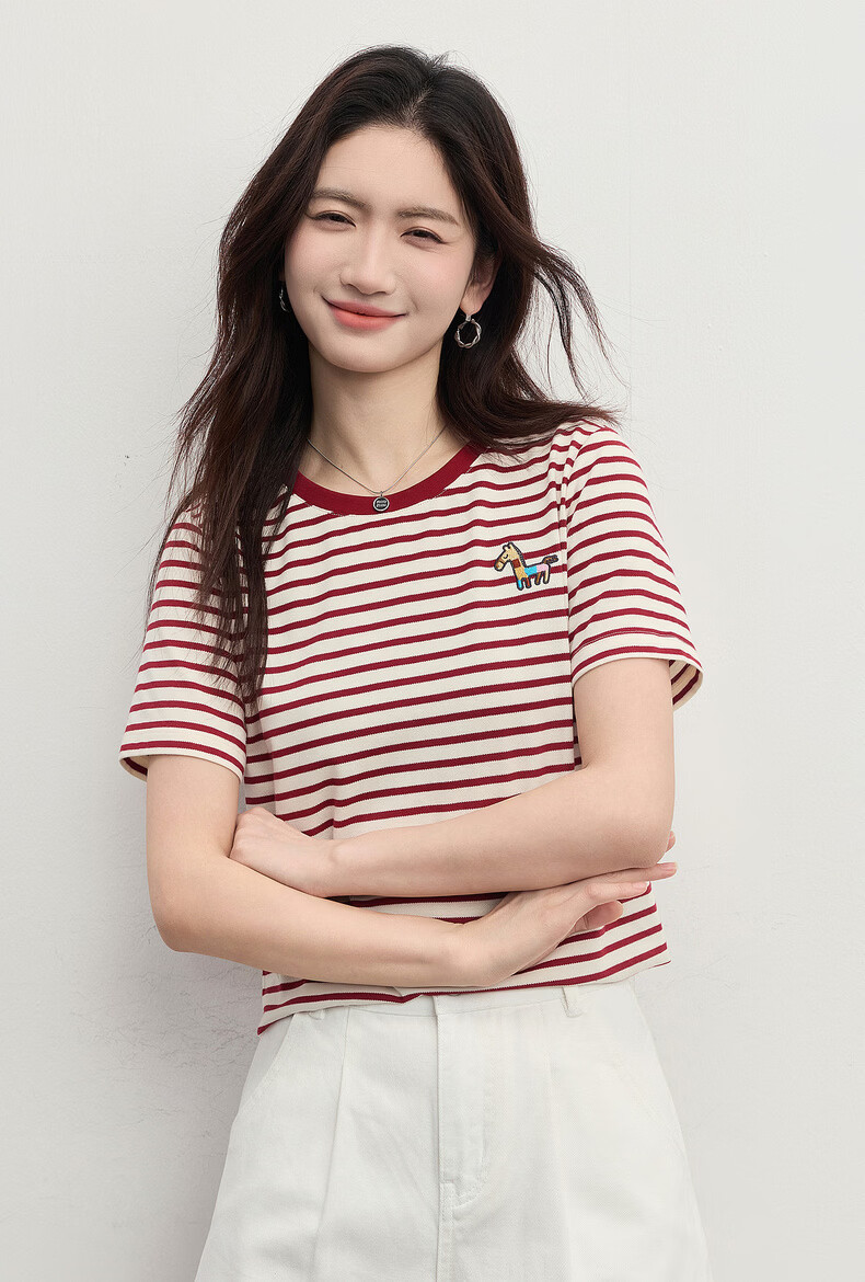 Sllsky Nautical Stripe Short Sleeve T-Shirt Women Summer 2026 New Casual Fashion Colorblock Crew Neck Shoulder Top 2