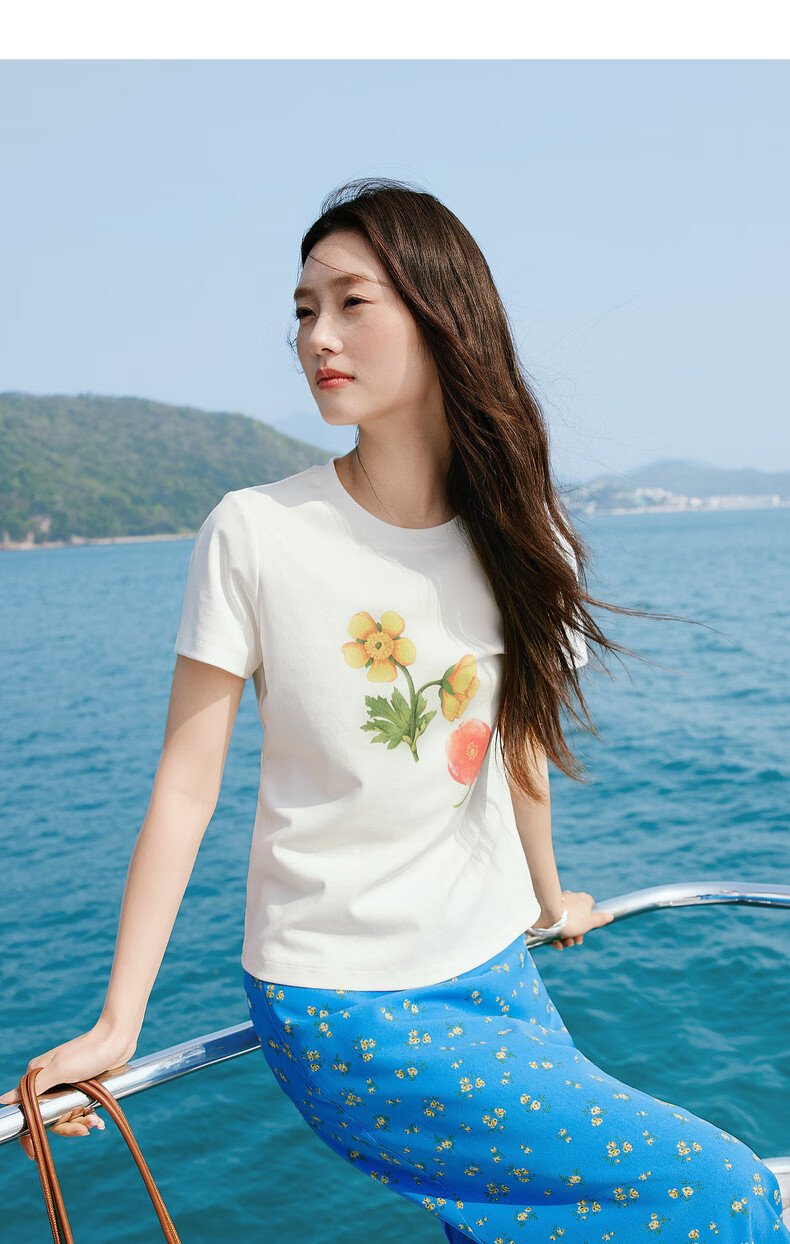 Sllsky Korean Style Floral Print Short Sleeve T-Shirt for Women 2026 Summer New Versatile Youthful Cropped Top 17
