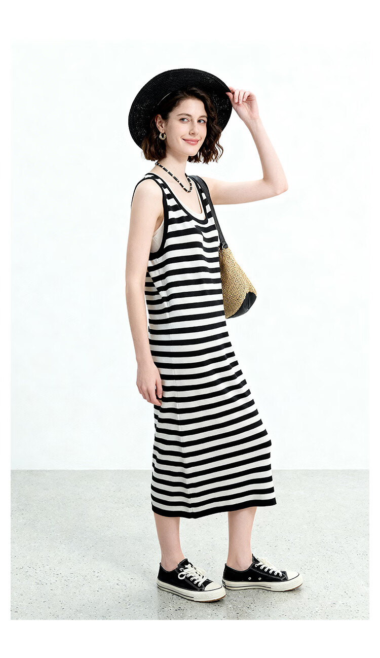 ENC Black and White Striped Vest Dress Loose Straight Fit Youthful 2026 Women's Spring Summer Casual Workwear Versatile Dress 15