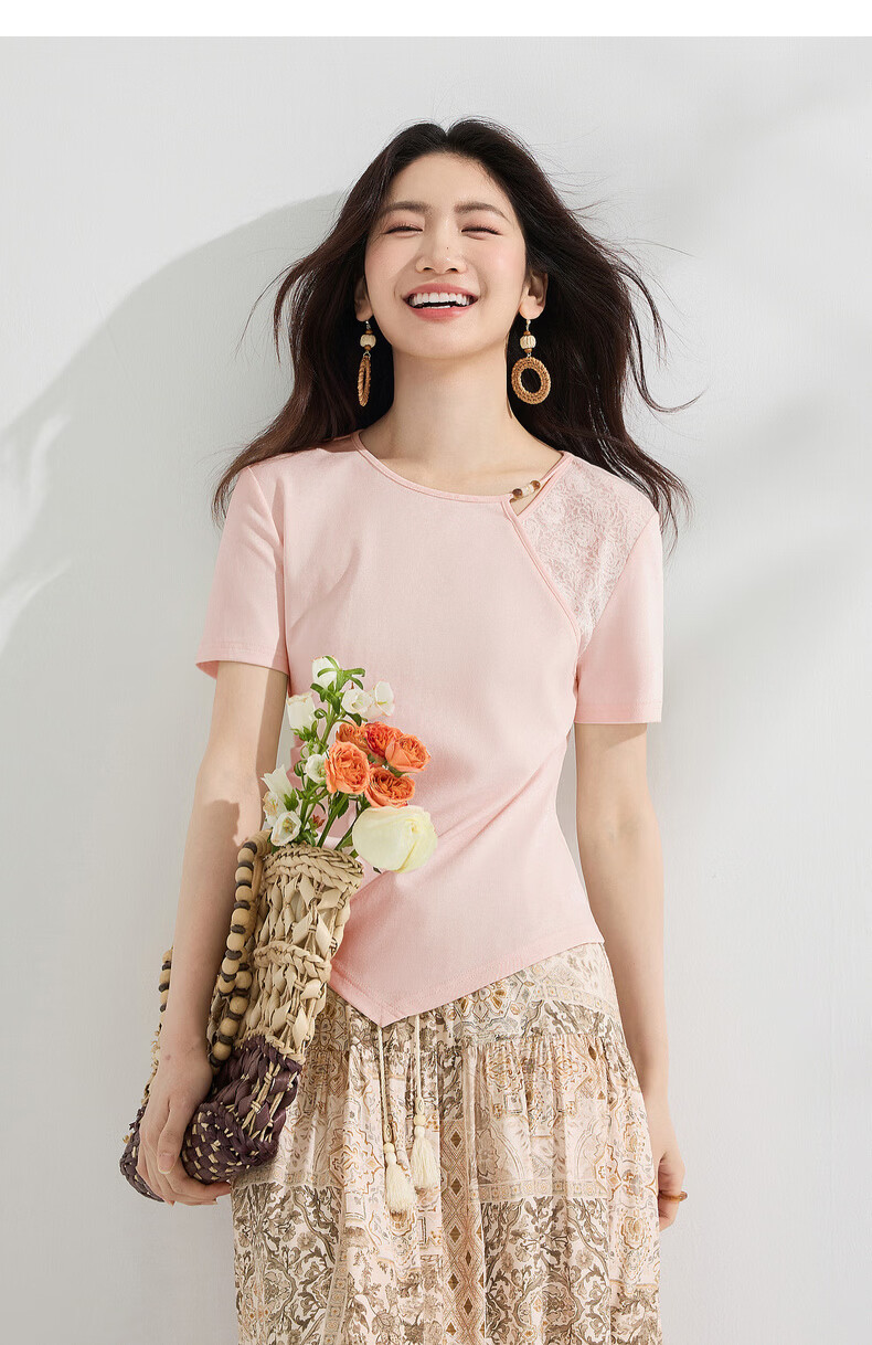 Shangdu Bila Gentle Elegant Cotton Blend T-Shirt Women Summer Beaded Round Neck Lace Splice Stretch Knit Short Sleeve Top 23