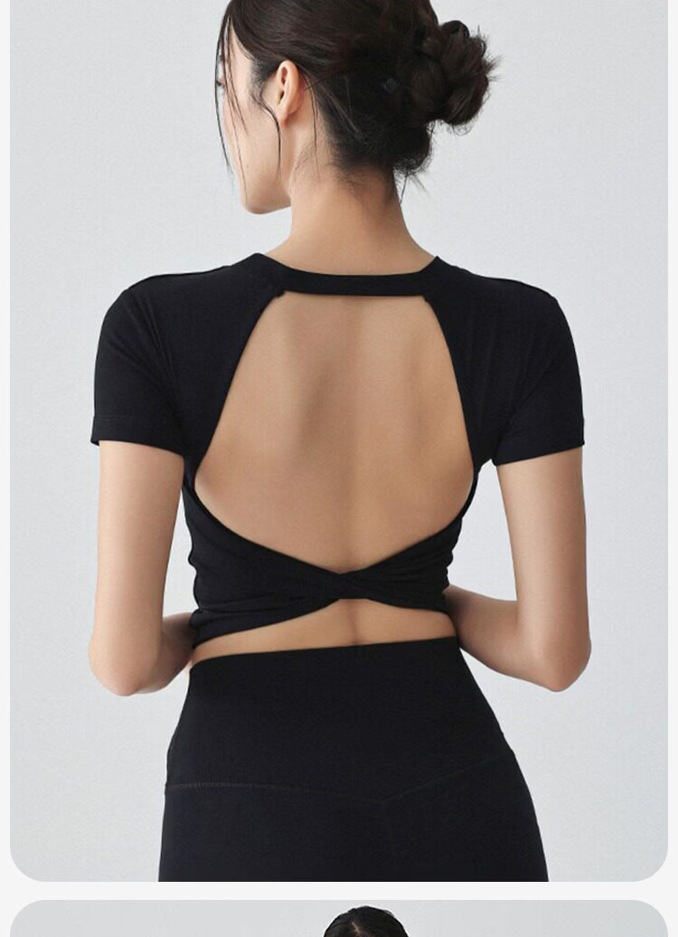 Free Style Backless Sports Top for Women with Semi-Removable Chest Pad, Beautiful Back T-Shirt, Pilates Yoga Short Sleeve Fitness Wear Summer 14
