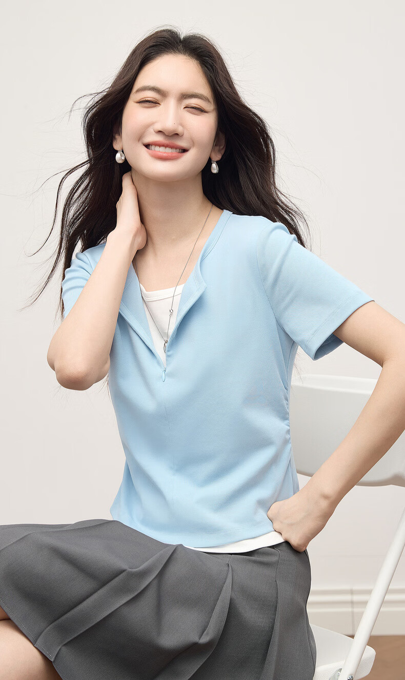 Sllsky Women's Summer 2026 New Slim Fit Shoulder Pleated Waist Short Sleeve Two-Piece Style T-Shirt 2