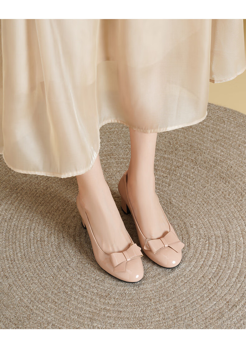 Daphne Nude Pink High Heels Women 2026 New Summer Comfortable Bowknot Chunky Heel Round Toe Nude Pink Size 37 13