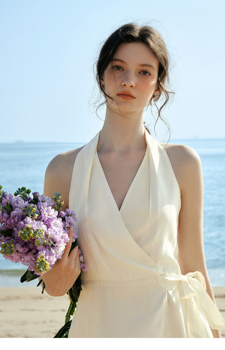 Olrain French Style Halter V-Neck Adjustable Waist Tie Mid-Length Dress for Women Summer Apricot M 15