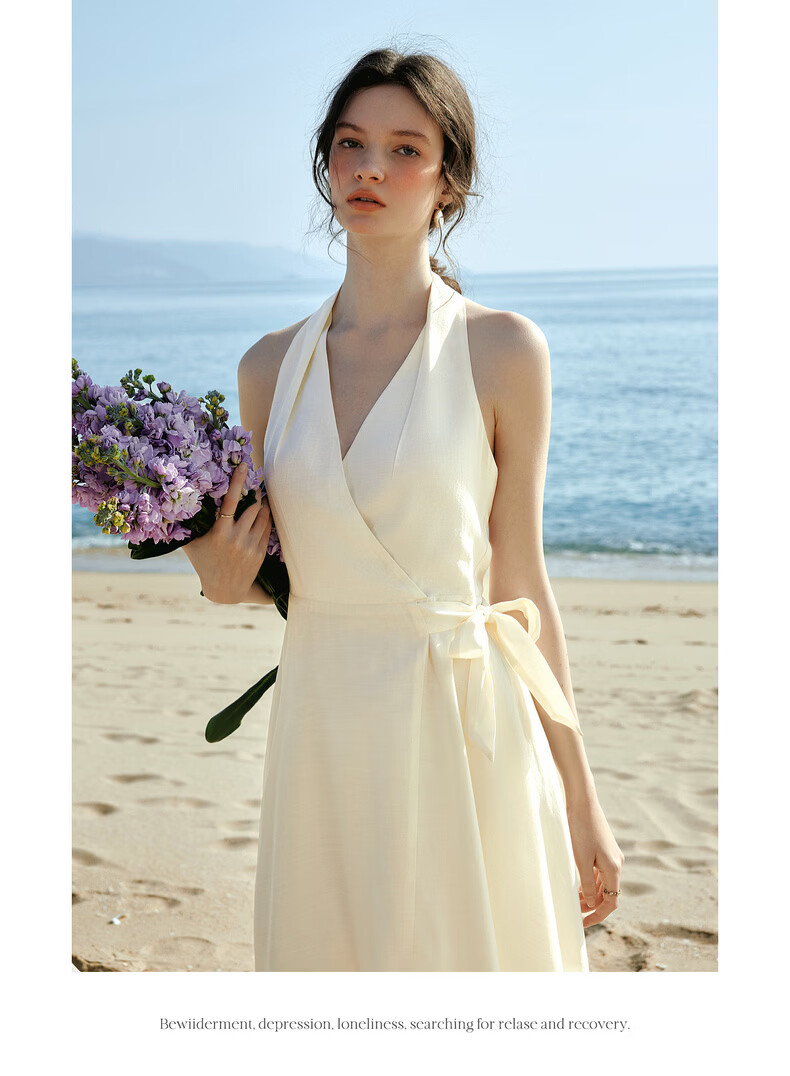 Olrain French Style Halter V-Neck Adjustable Waist Tie Mid-Length Dress for Women Summer Apricot M 14