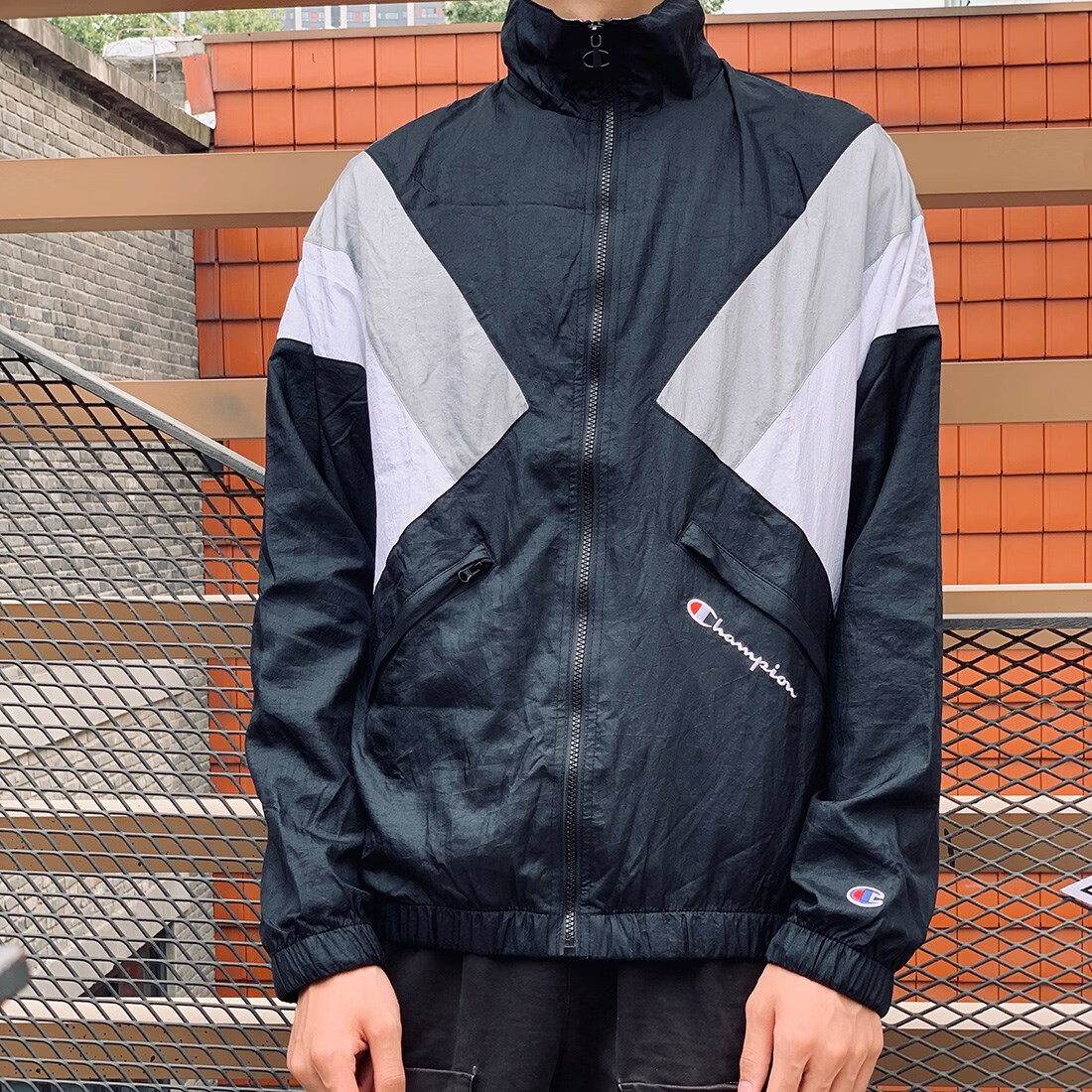 美版champion冠军复古撞色拼接拉链男女情侣潮牌外套教练夹克 蓝白红