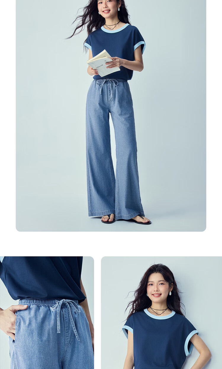 Giordano Women's Loose Fit Pants 2026 Summer Cotton Lightweight Drawstring Elastic Waist Wide Leg Jeans 05416335 14