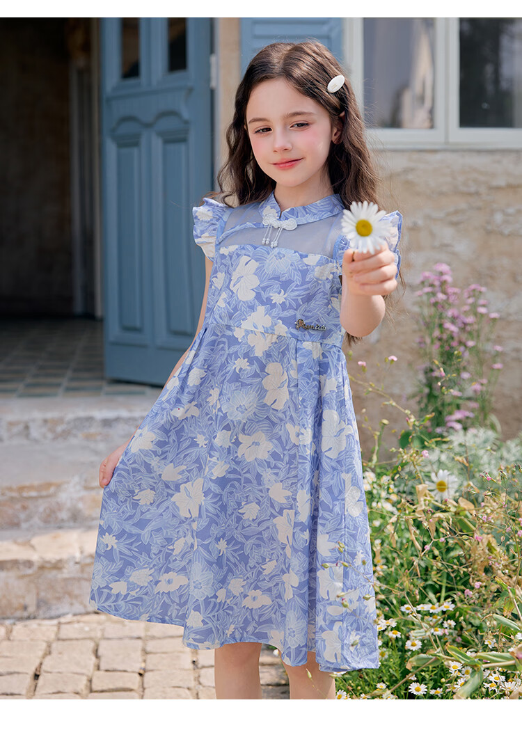 Disney Girls Summer Thin Flutter Sleeve Princess Dress 2026 New Chinese Style Floral Dress for Girls 11