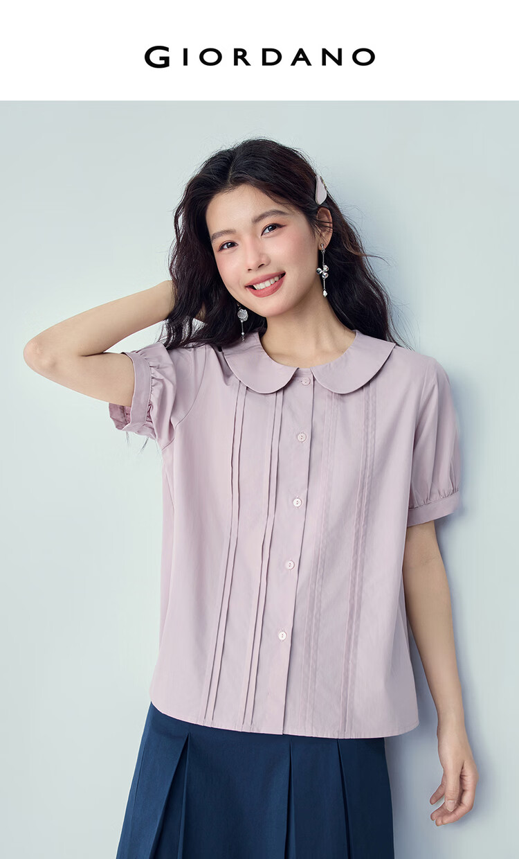 Giordano 2026 Summer New Pure Cotton Loose Pleated Doll Collar Puff Sleeve Shirt for Women 13346215 3