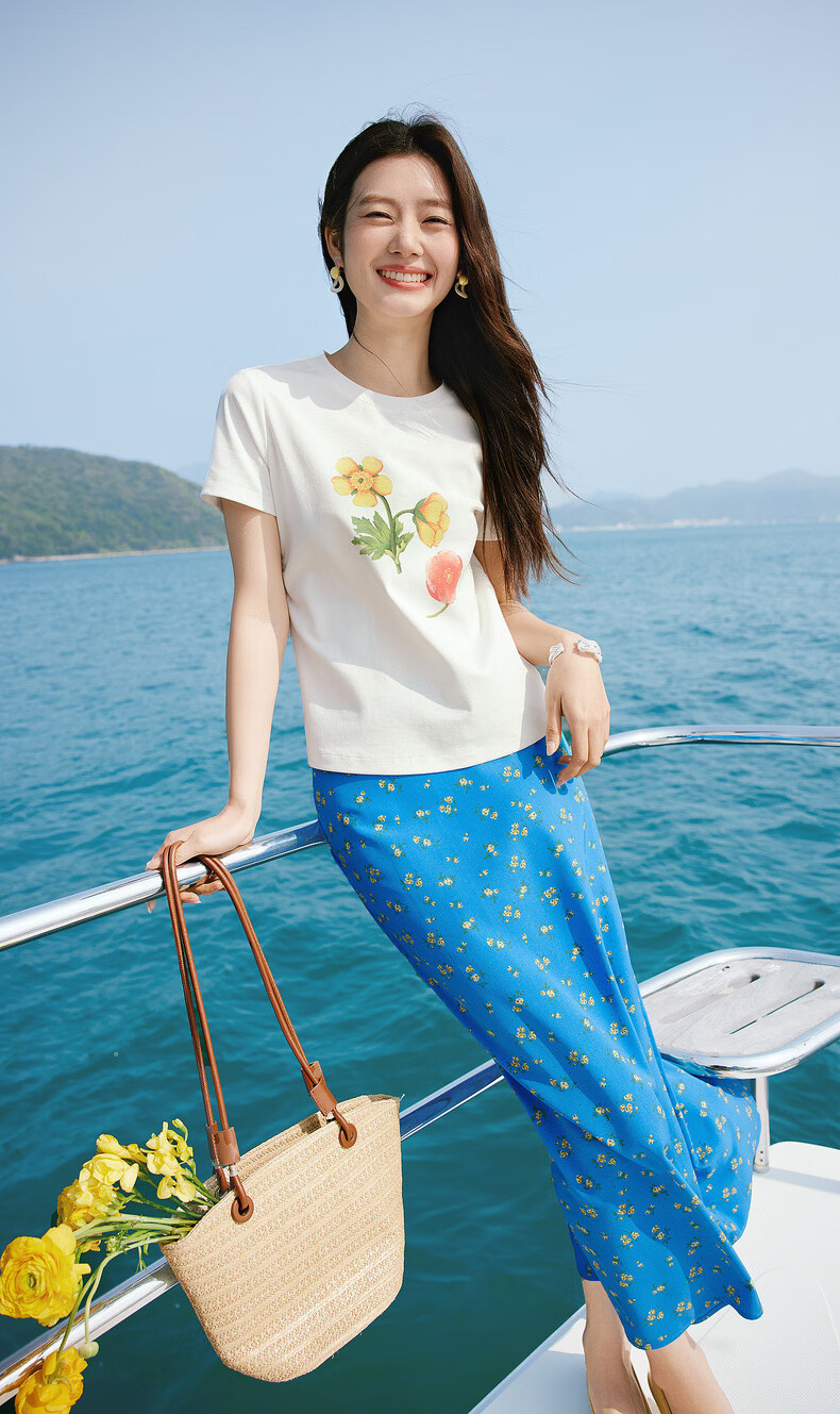 Sllsky Bright Klein Blue Floral A-Line Skirt for Women 2026 Summer Beach Vacation Style 2