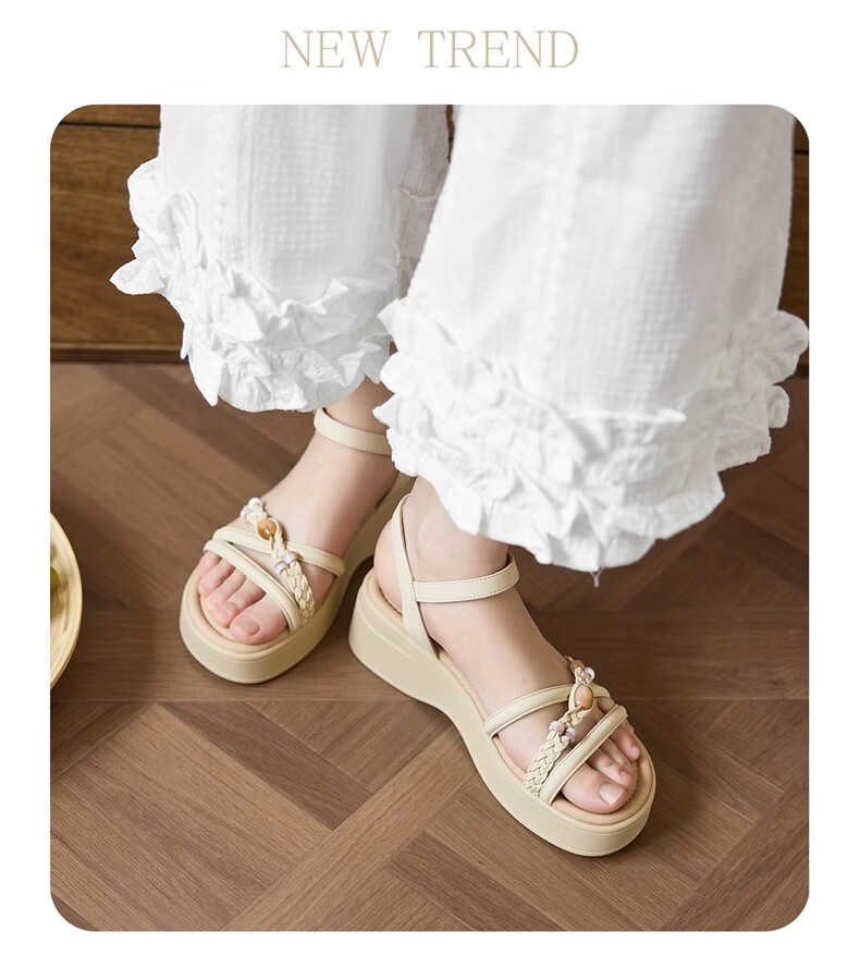 Eierkang Women's Fairy Style Wedge Sandals with Skirt, Beach Shoes, Thick Sole Roman Sandals 29011W Off-White Size 39 5