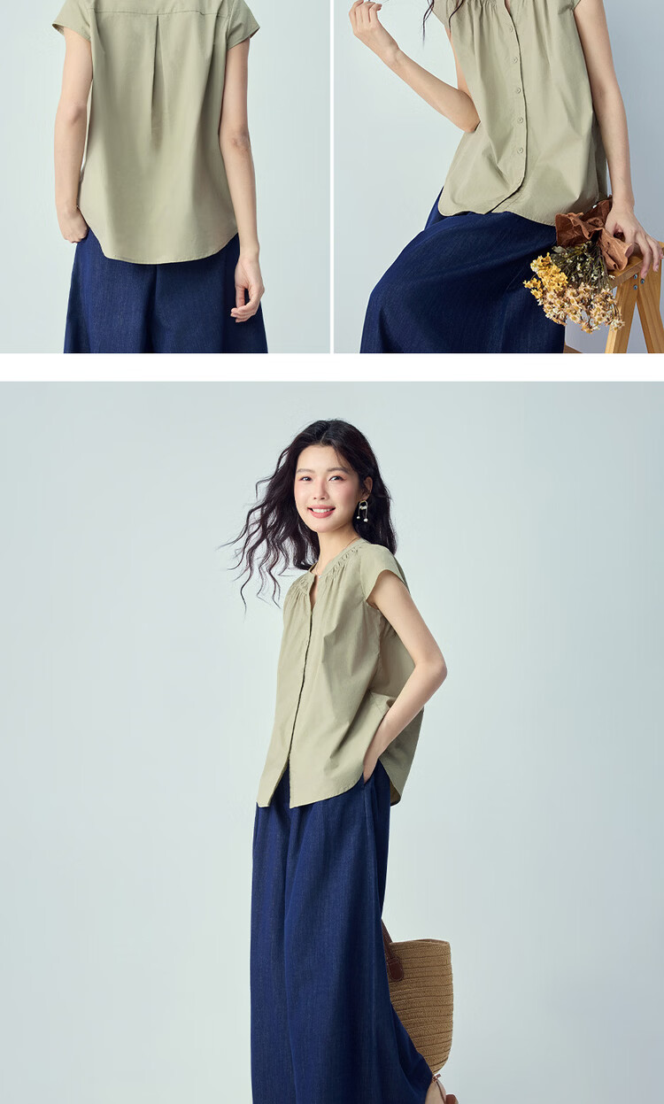 Giordano Women's Summer New Pure Cotton Loose V-Neck Short Sleeve Shirt with Small Flying Sleeves 05346490 14