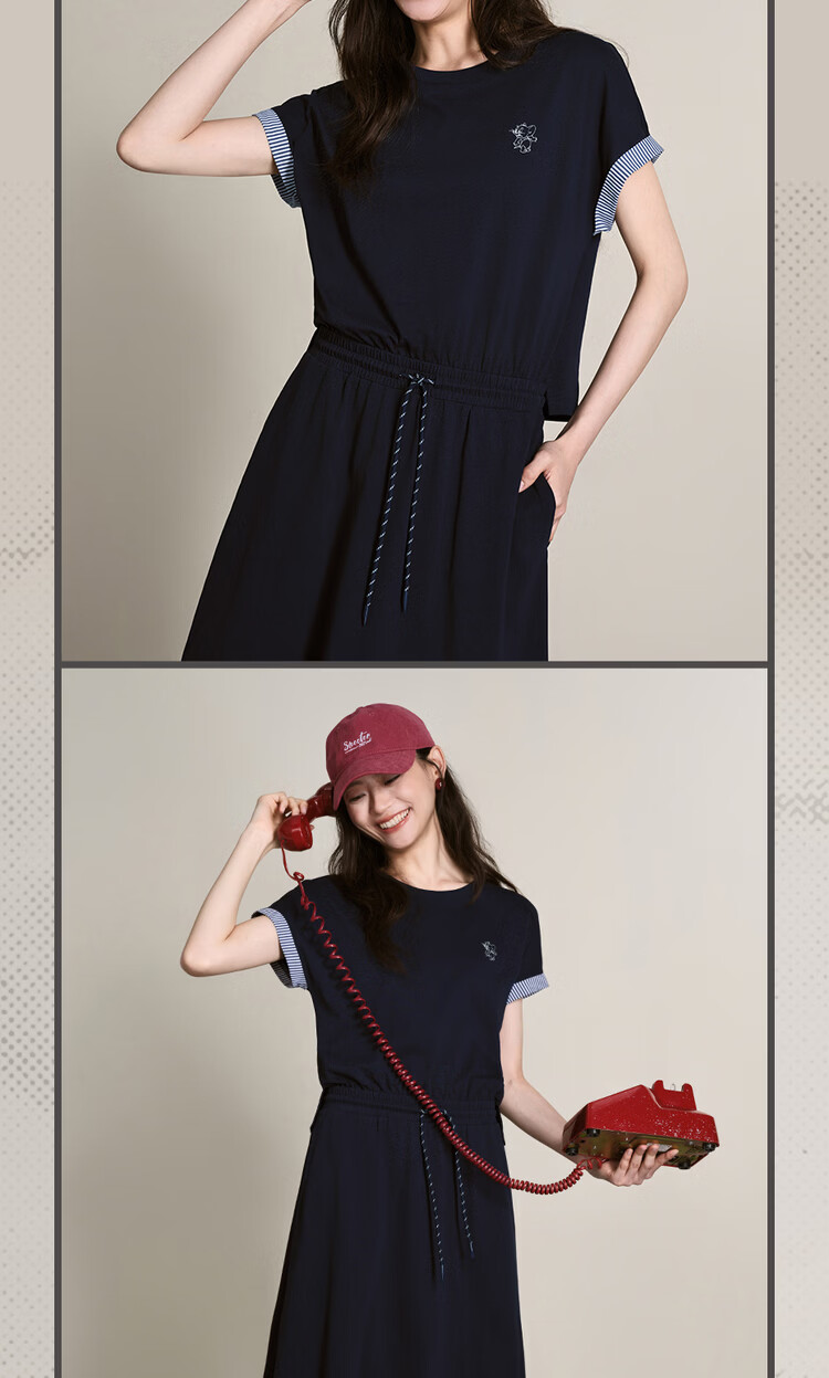 Giordano [Tom and Jerry Collaboration] Women's Embroidered Cotton Faux Two-Piece Waist-Cinched Crew Neck Dress 18466718 15