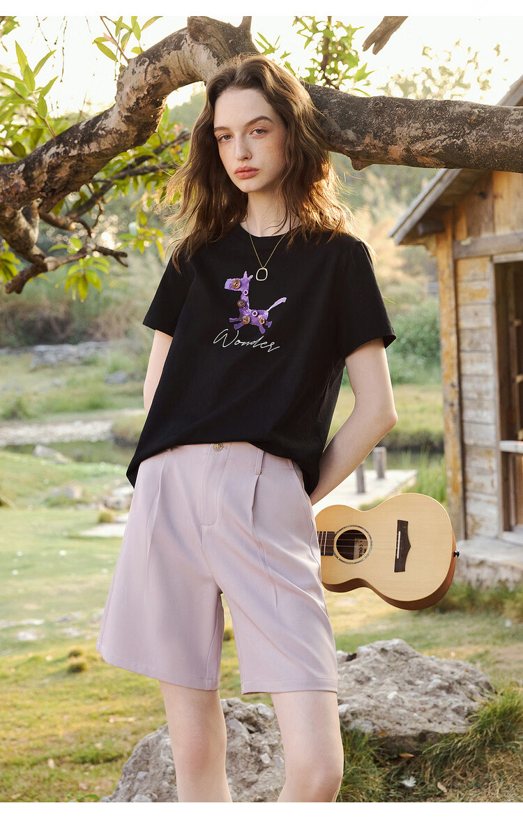 Olrain Women's Casual Commuter Cotton Short Sleeve T-Shirt with Pony Print Summer New Round Neck Top Black L 23