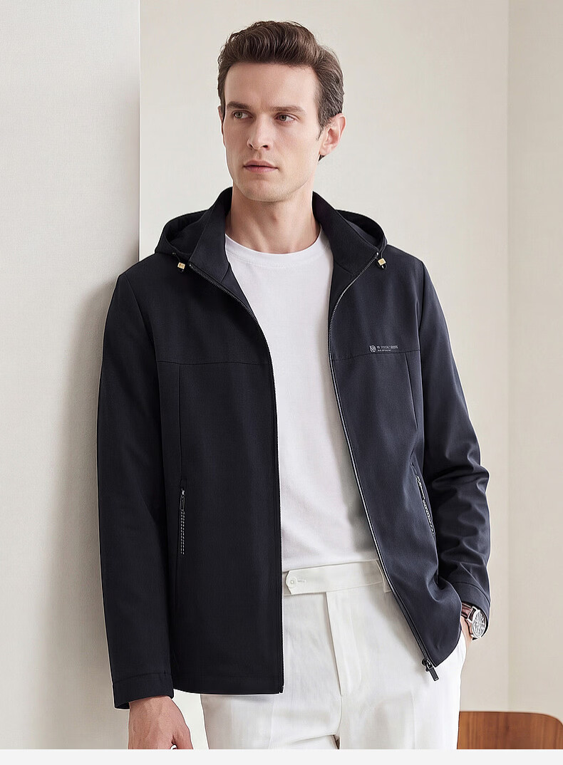SHANSHAN High-End Jacket for Men, Spring And Autumn Casual Striped Inner Lining Zipper Coat with Detachable Hood, Dad's Clothing 11