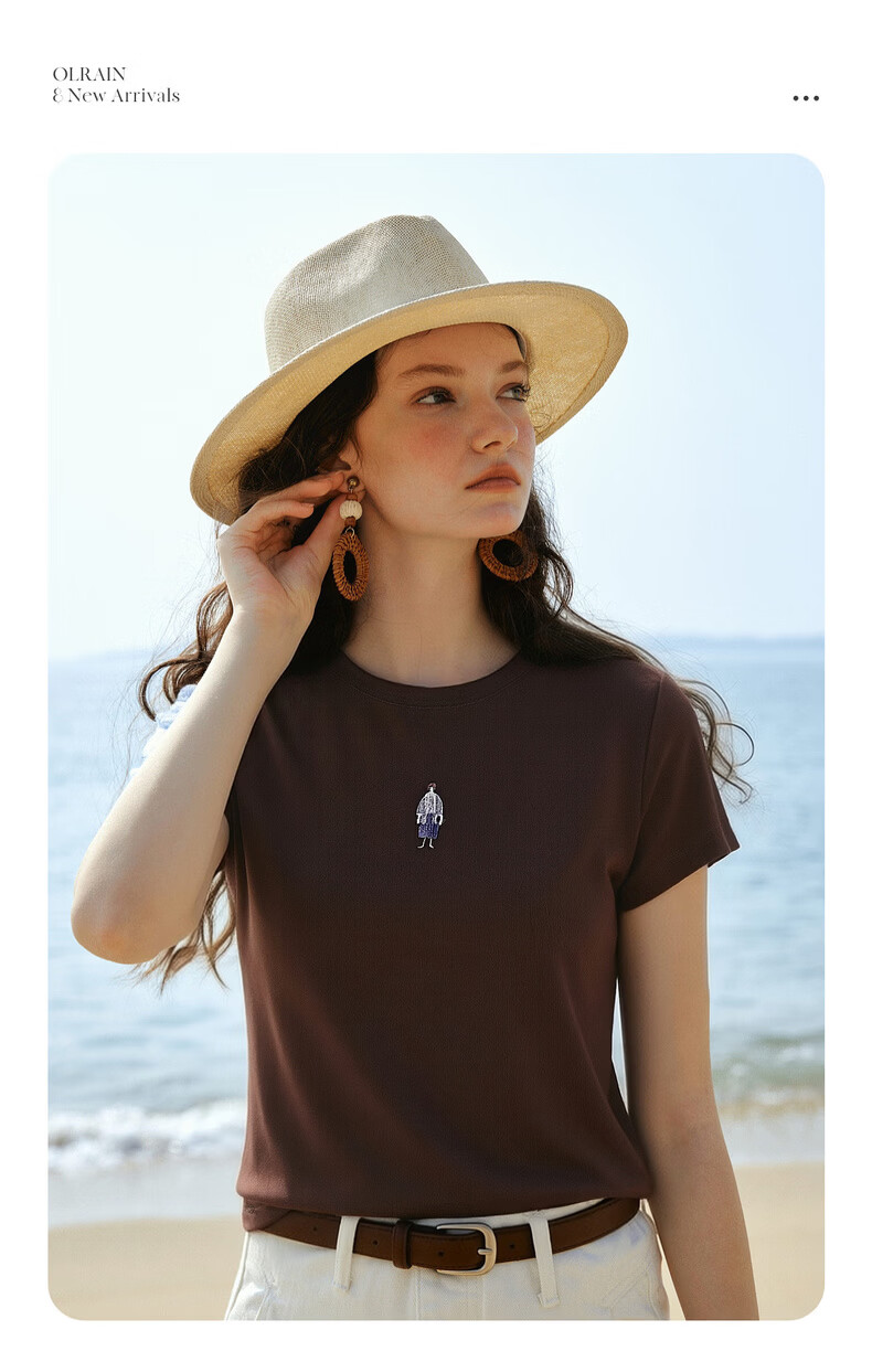 Olrain Summer New Casual Color-Block Heavy Embroidery Ribbed Crew Neck Short Sleeve T-Shirt for Women Brown L 2