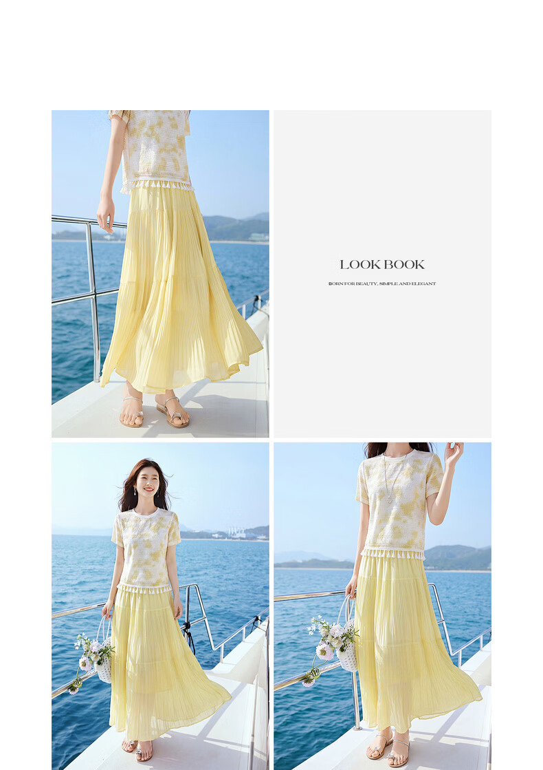 Sllsky Bohemian Chiffon Pleated Midi Skirt Women Summer Lightweight Beach Vacation A-Line Cake Skirt 29