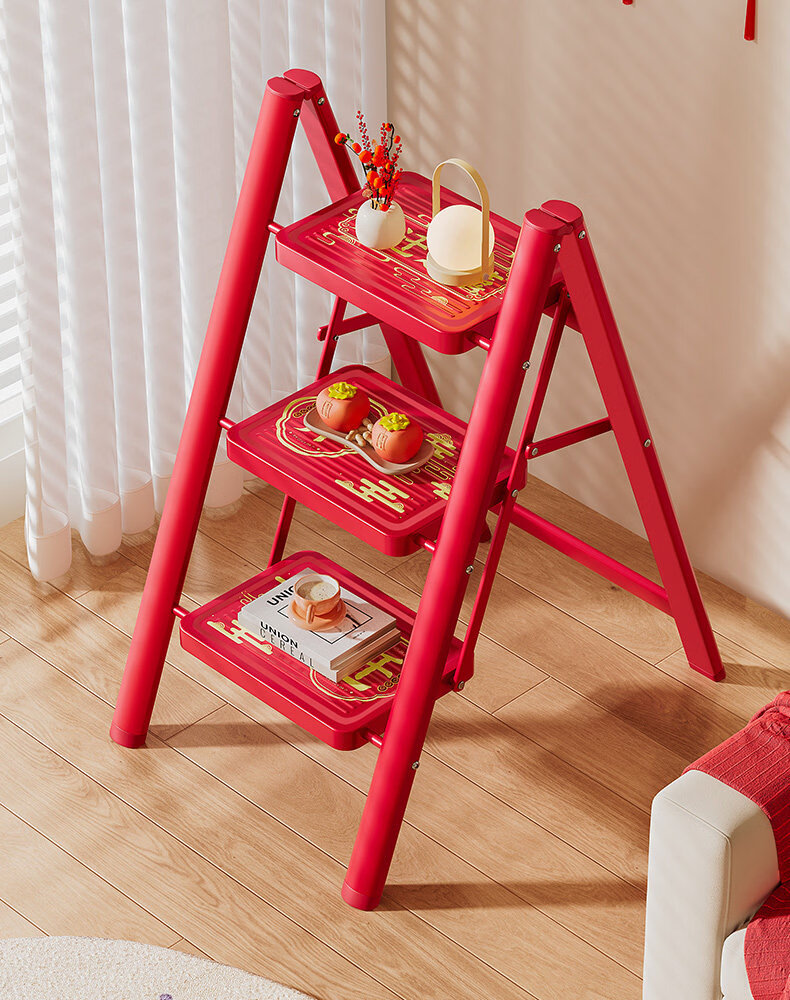 Yilinju Household Ladder Step Ladder Thickened Folding Telescopic Stool Red A-Frame Ladder Moving Gift - 3 Steps 12