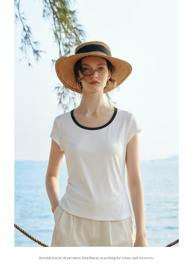 Olrain Eurielle Summer New Pleated Waist Slim Fit Color-Block Round Neck Short Sleeve T-Shirt Women Casual Top White XL 10