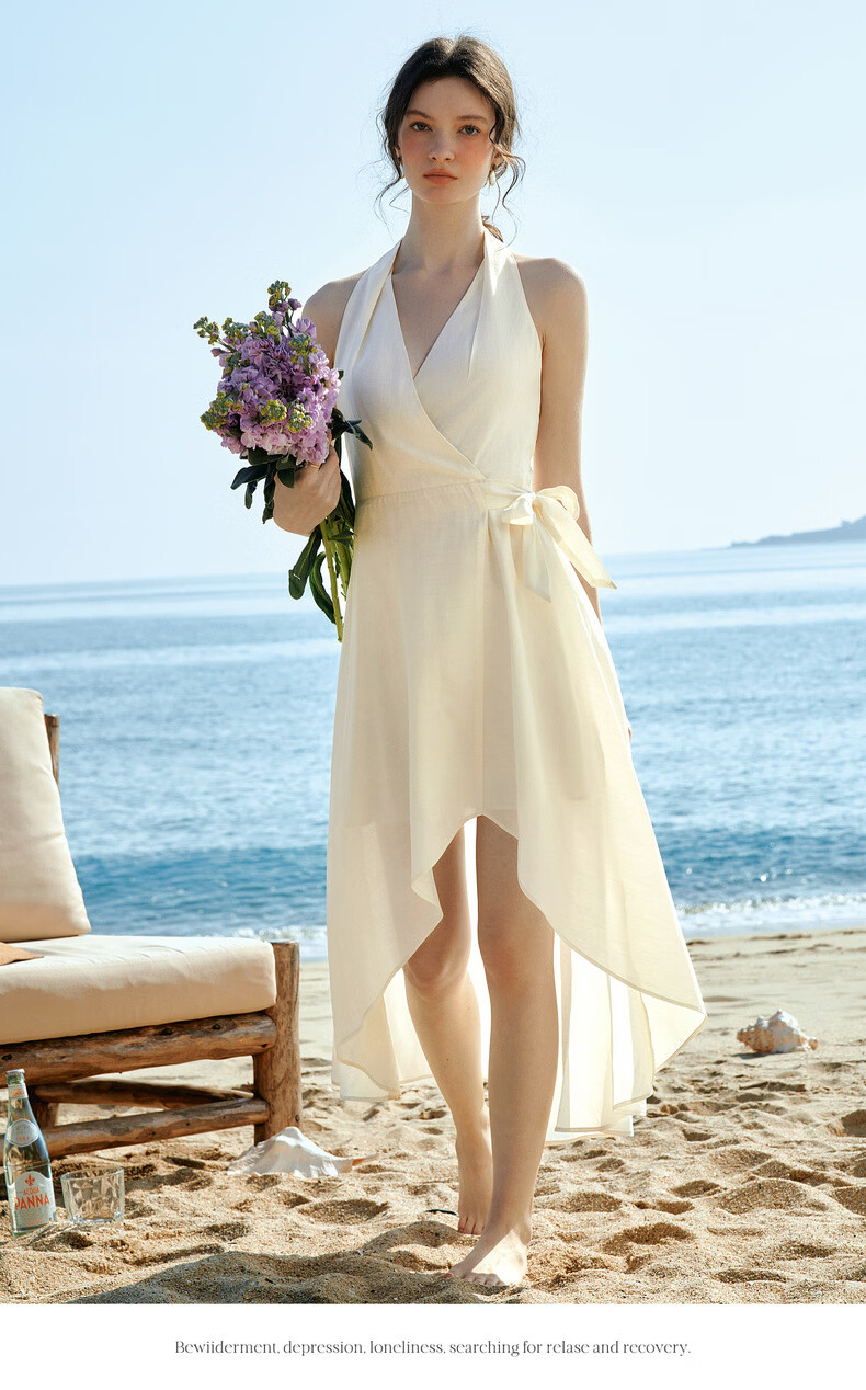 Olrain French Style Halter V-Neck Adjustable Waist Tie Mid-Length Dress for Women Summer Apricot M 9
