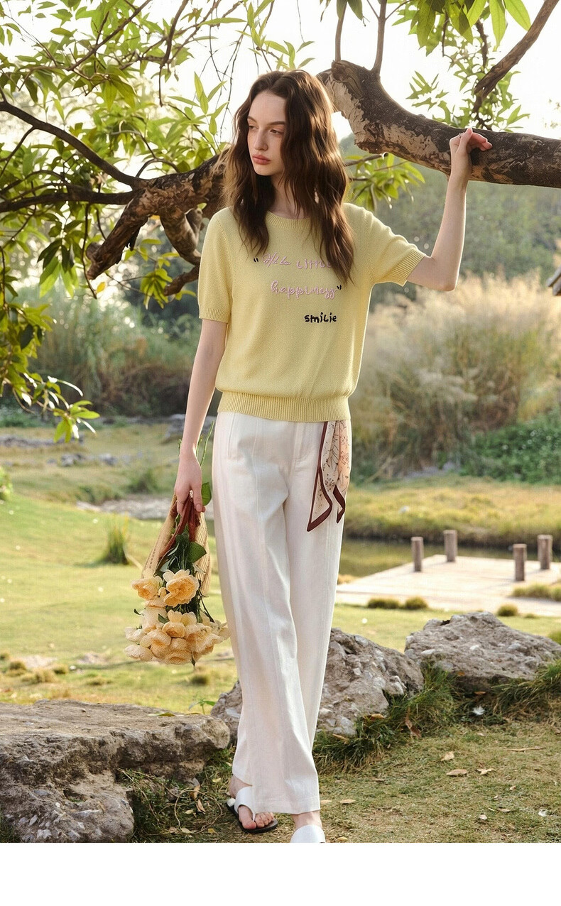 Olrain Summer New Short 3D Letter Embroidered Crew Neck Short Sleeve Knit Top for Women Yellow S 8