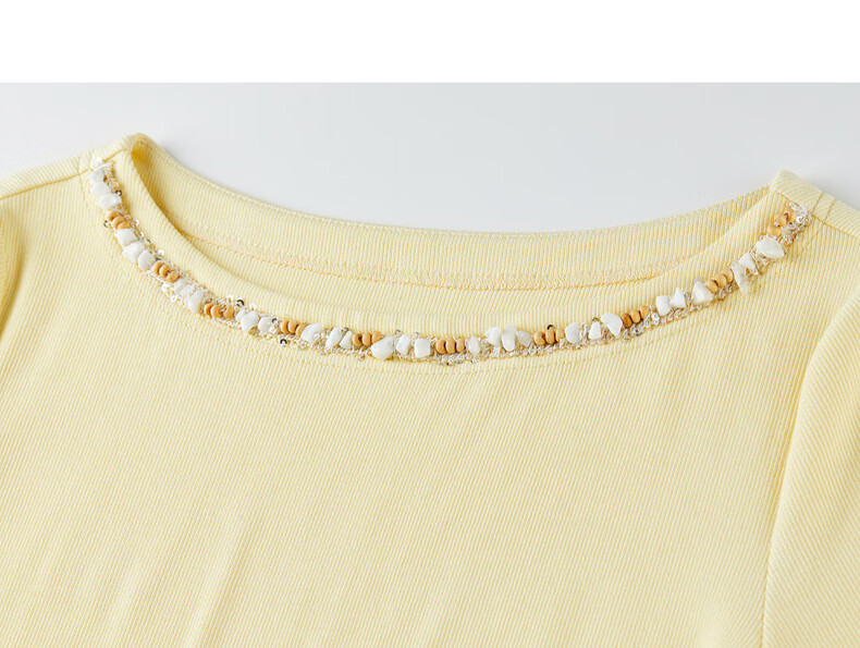 Shangdu Bila Korean Style Elegant Cotton Blend T-Shirt Women Summer Beaded Lace Round Neck Knit Top Slim Fit Short Sleeve Inner Wear 40