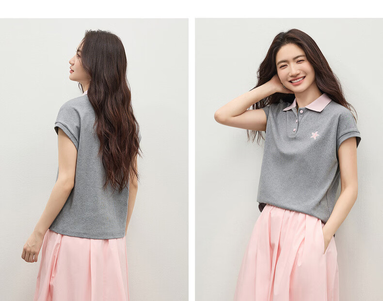 Shangdu Bila Korean Style Colorblock Cotton Polo Collar T-Shirt Women Summer Three-Button Knit Top Loose Slimming Youthful Layering 24