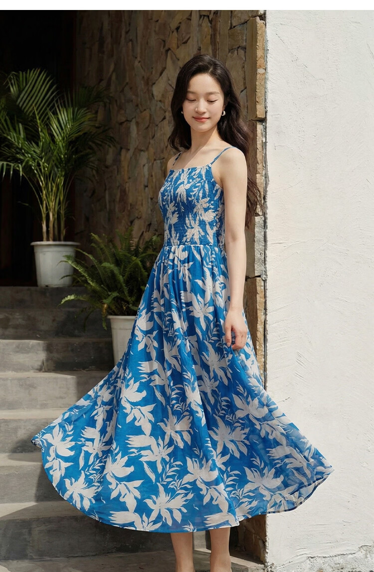 INMAN Floral Dress | Waist-Cinching Spaghetti Strap Floral Dress 2026 Summer New Women's Vacation Dress Klein Blue L 22