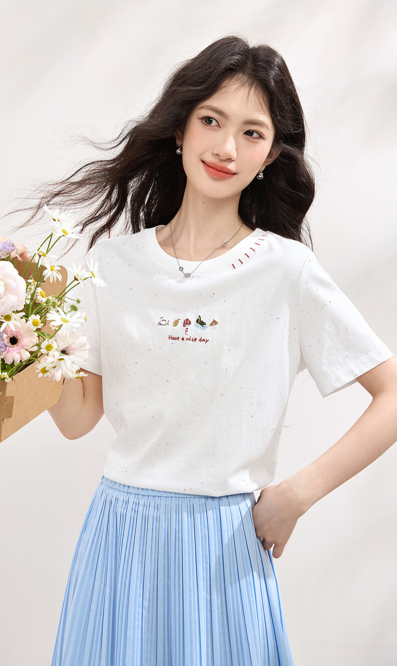 Sllsky Ice Cotton Color Dot T Cool Short Sleeve T-Shirt Summer Women's Fashion Round Neck Embroidered Shoulder Top 2