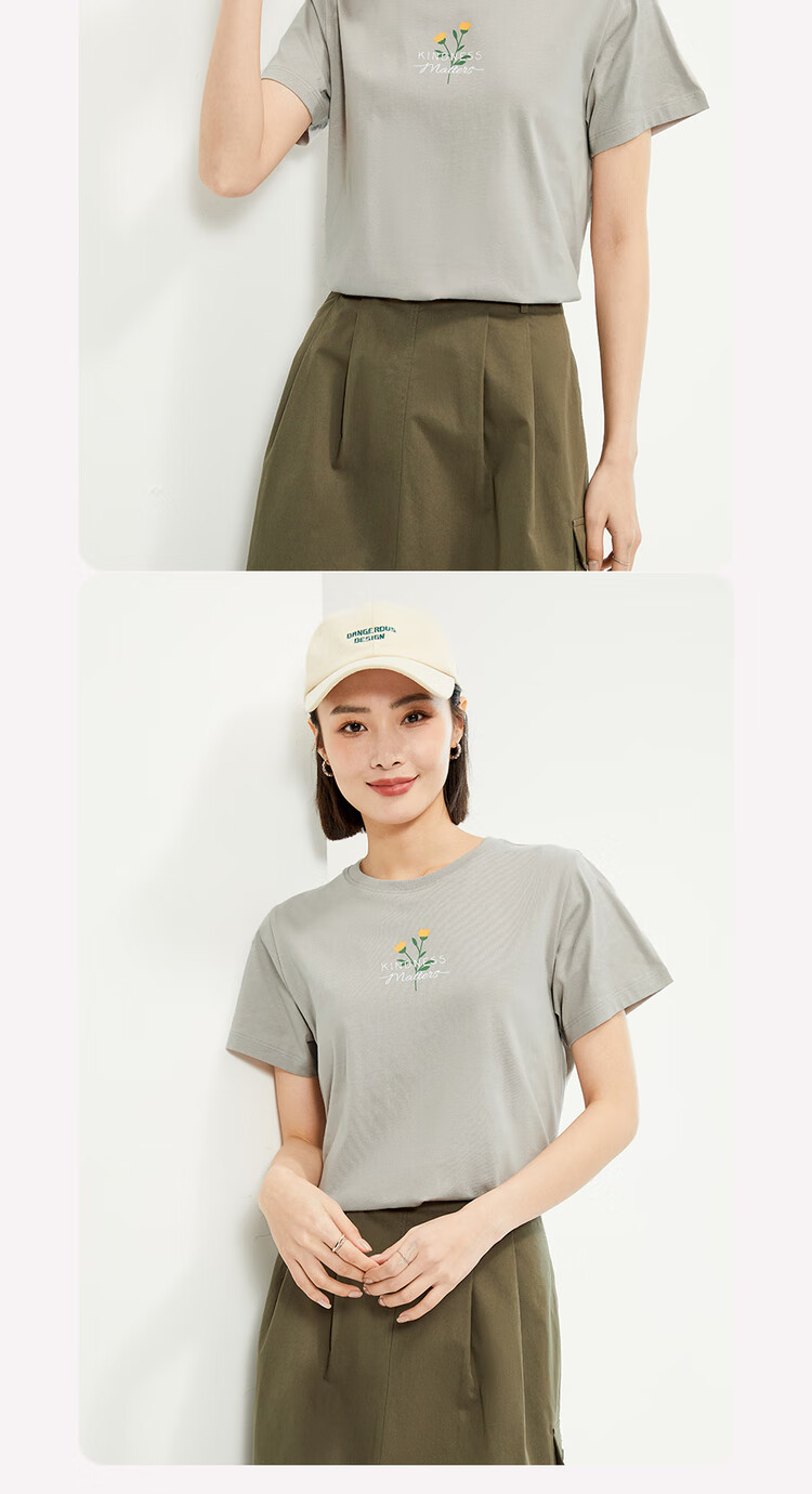 Giordano Women's Short-Sleeve T-Shirt, New Style, Pure Cotton, Small Floral Print, Round Neck, Youthful Casual Top, Women's Clothing, 13324317 10