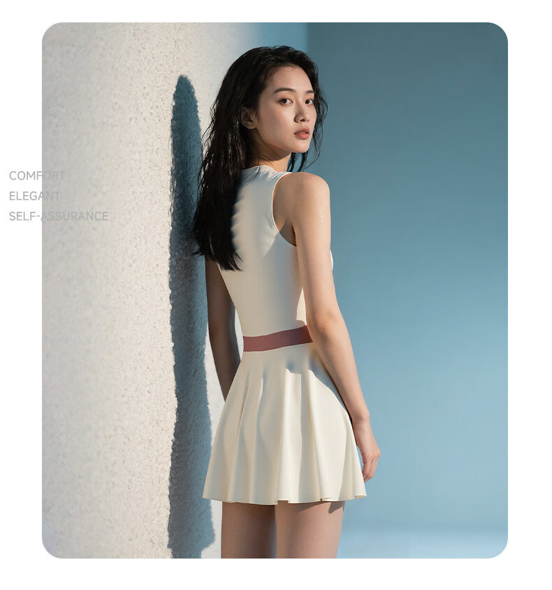 ANTA Women's One-Piece Slim Fit Skirted Swimsuit Breathable Comfortable Hot Spring Hepburn Style Vacation Swimwear Black Gray M 18