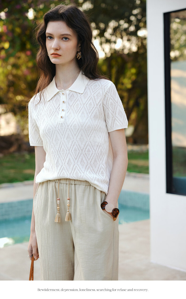 Olrain Summer New POLO Collar Commuter Rhombus Jacquard Knit Sweater for Women White L 8