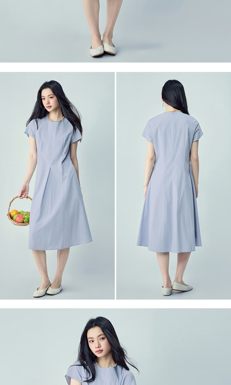 Giordano Women's Dress 2026 Summer New Pure Cotton Solid Color Round Neck Pleated Dress 13466241 15
