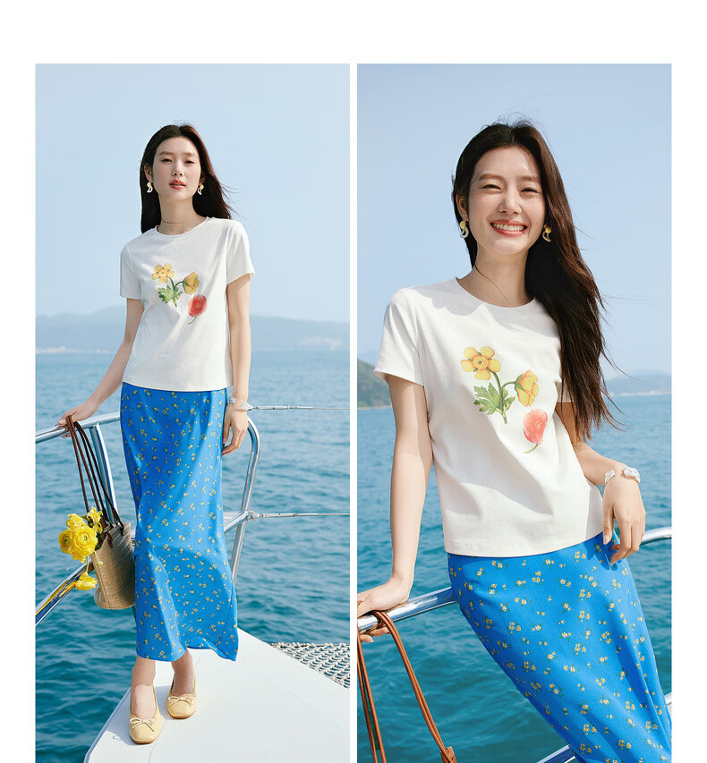 Sllsky Korean Style Floral Print Short Sleeve T-Shirt for Women 2026 Summer New Versatile Youthful Cropped Top 7