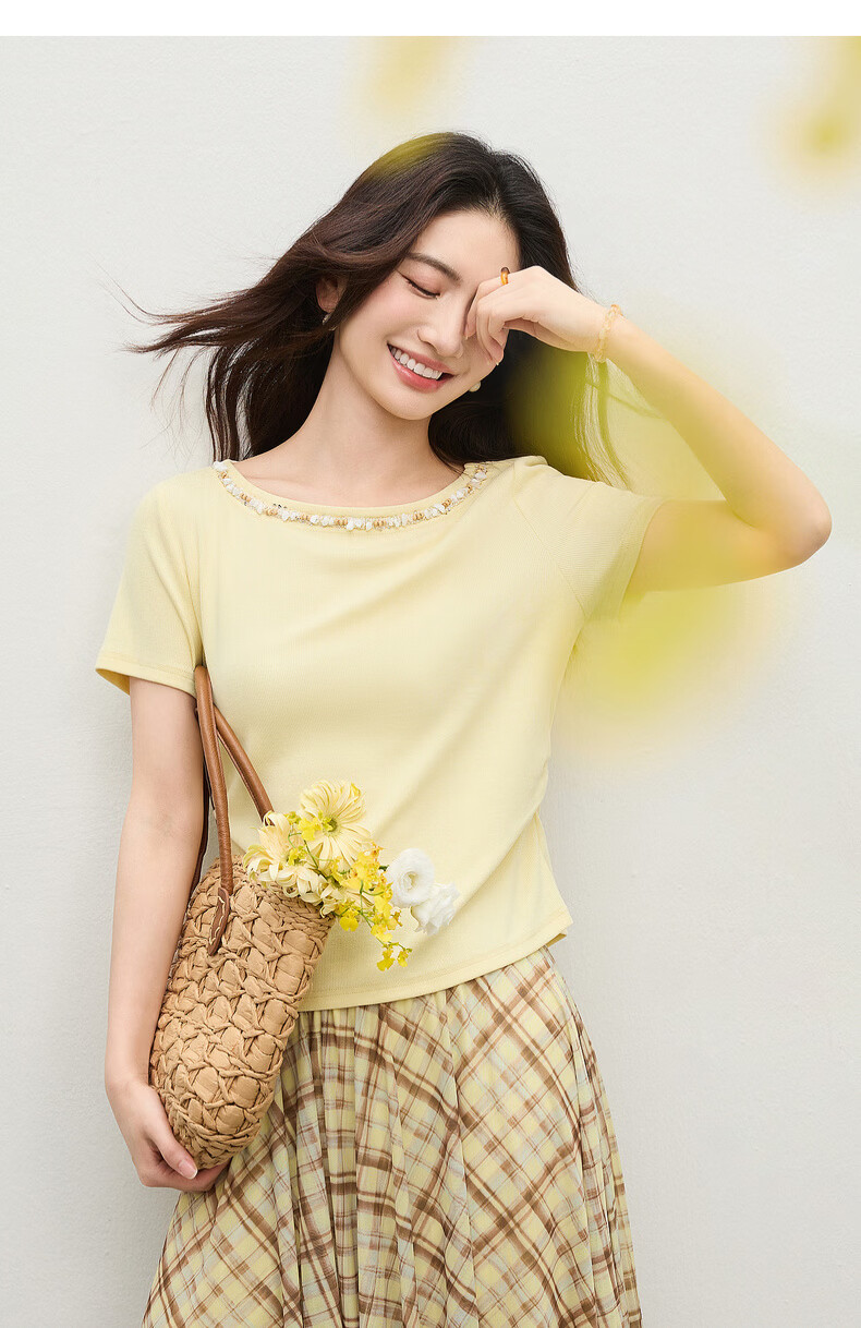 Shangdu Bila Korean Style Elegant Cotton Blend T-Shirt Women Summer Beaded Lace Round Neck Knit Top Slim Fit Short Sleeve Inner Wear 27