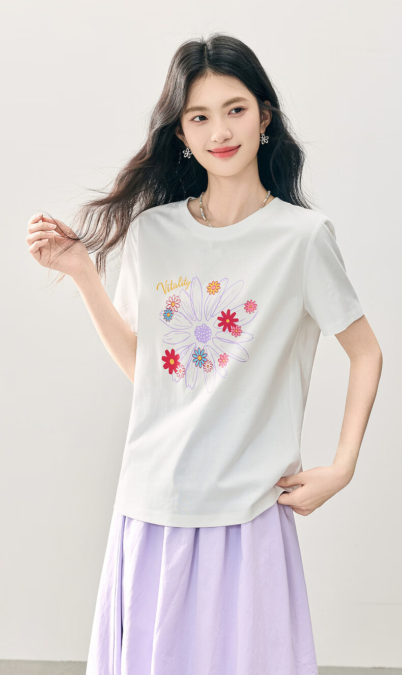 Sllsky Korean Style Floral Print Shoulder T-Shirt Women 2026 Summer New White Round Neck Short Sleeve Top 2