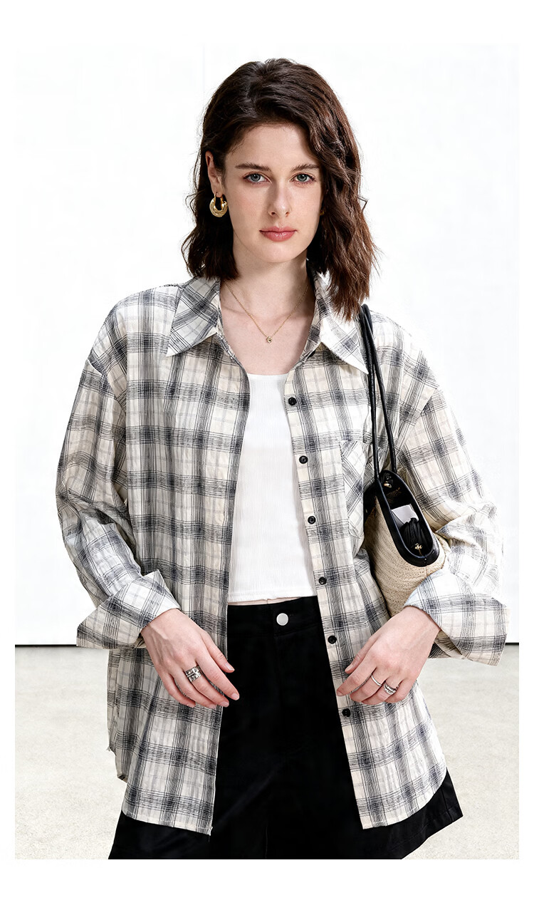 ENC Thin White Checkered Shirt Women Oversize Style 2026 Spring Summer Korean Loose Sun Protection Versatile Layering Top 11