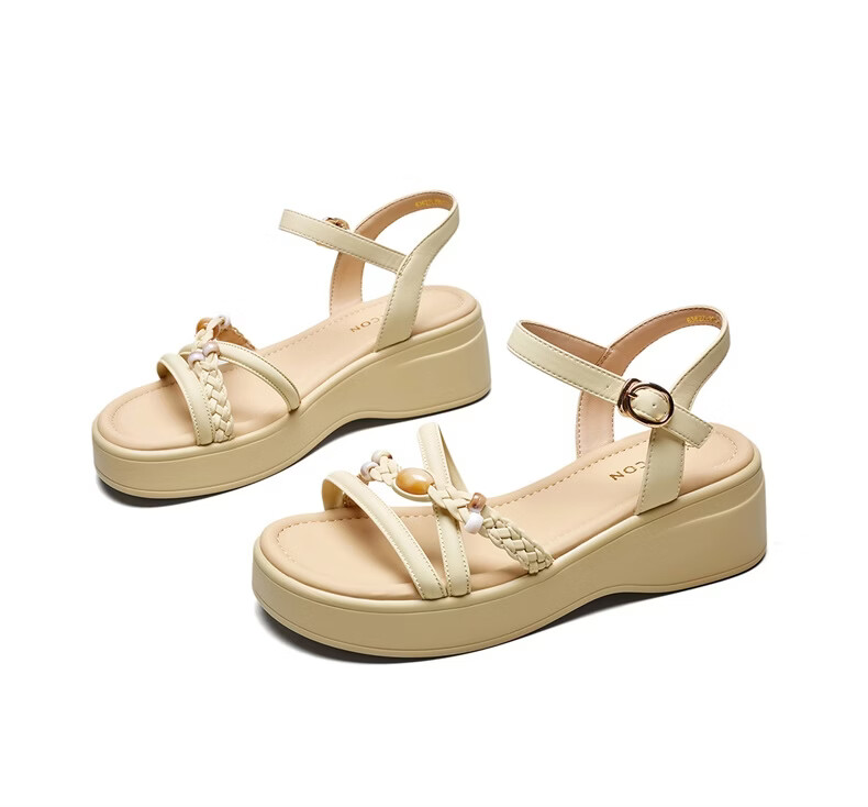 Eierkang Women's Fairy Style Wedge Sandals with Skirt, Beach Shoes, Thick Sole Roman Sandals 29011W Off-White Size 39 12