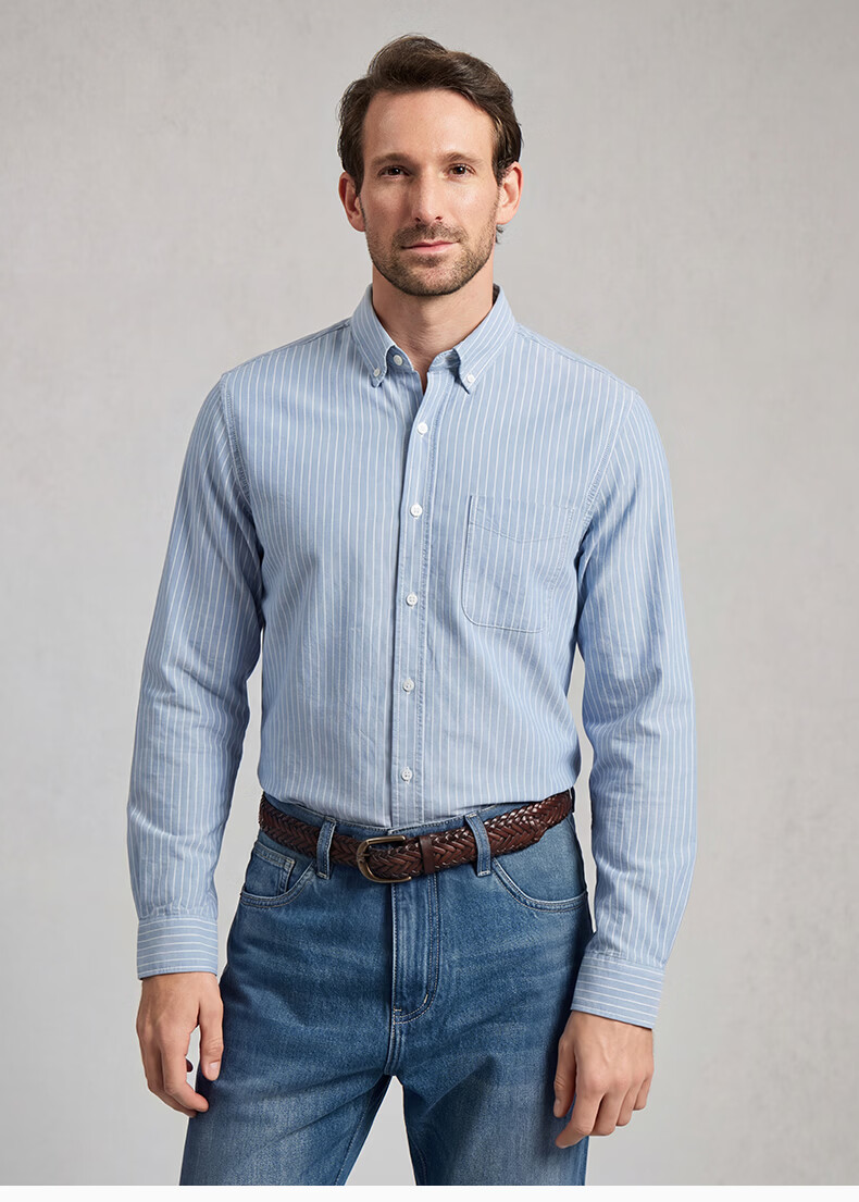 Texwood Deshiwo Apple Standard Shoulder Men's Long Sleeve Striped Casual Shirt Blue S 19